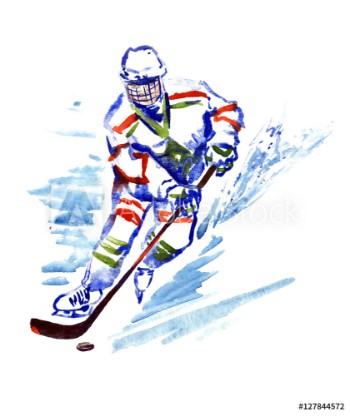 Picture of Hockey player with stick and puck isolated hand painted watercolor illustration 